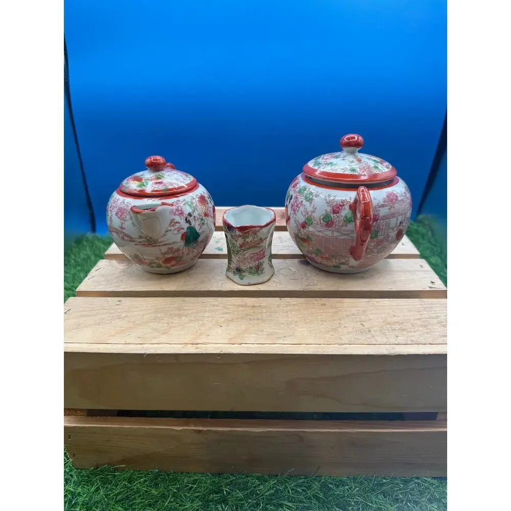 Vintage Kutani Porcelain Miniature Tea Set - Geisha/Garden Motif-3Piece Part Set